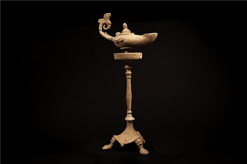 Late Roman Bronze Oil Lamp with Stand