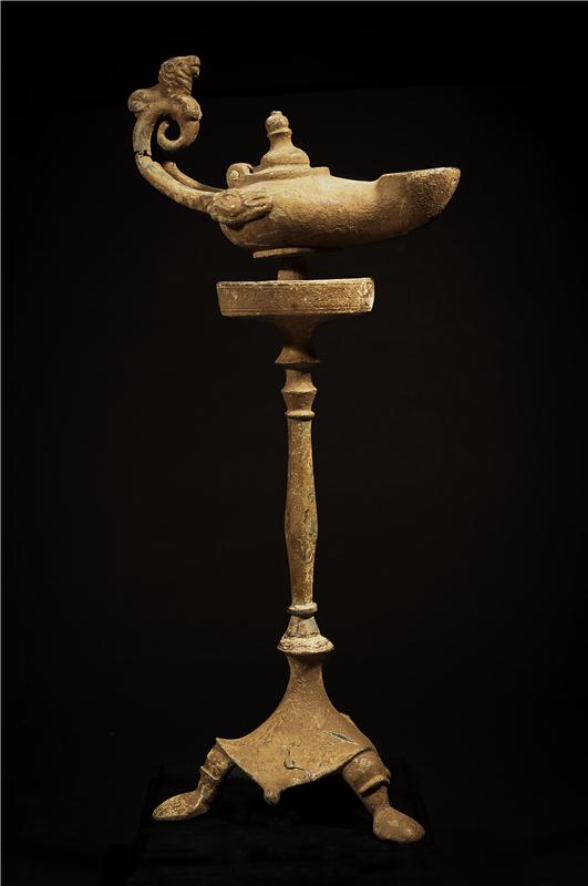 Late Roman Bronze Oil Lamp with Stand - Image 3