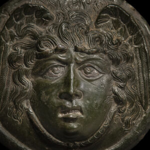 Roman Bronze Medusa Phalera with Silver Inlays
